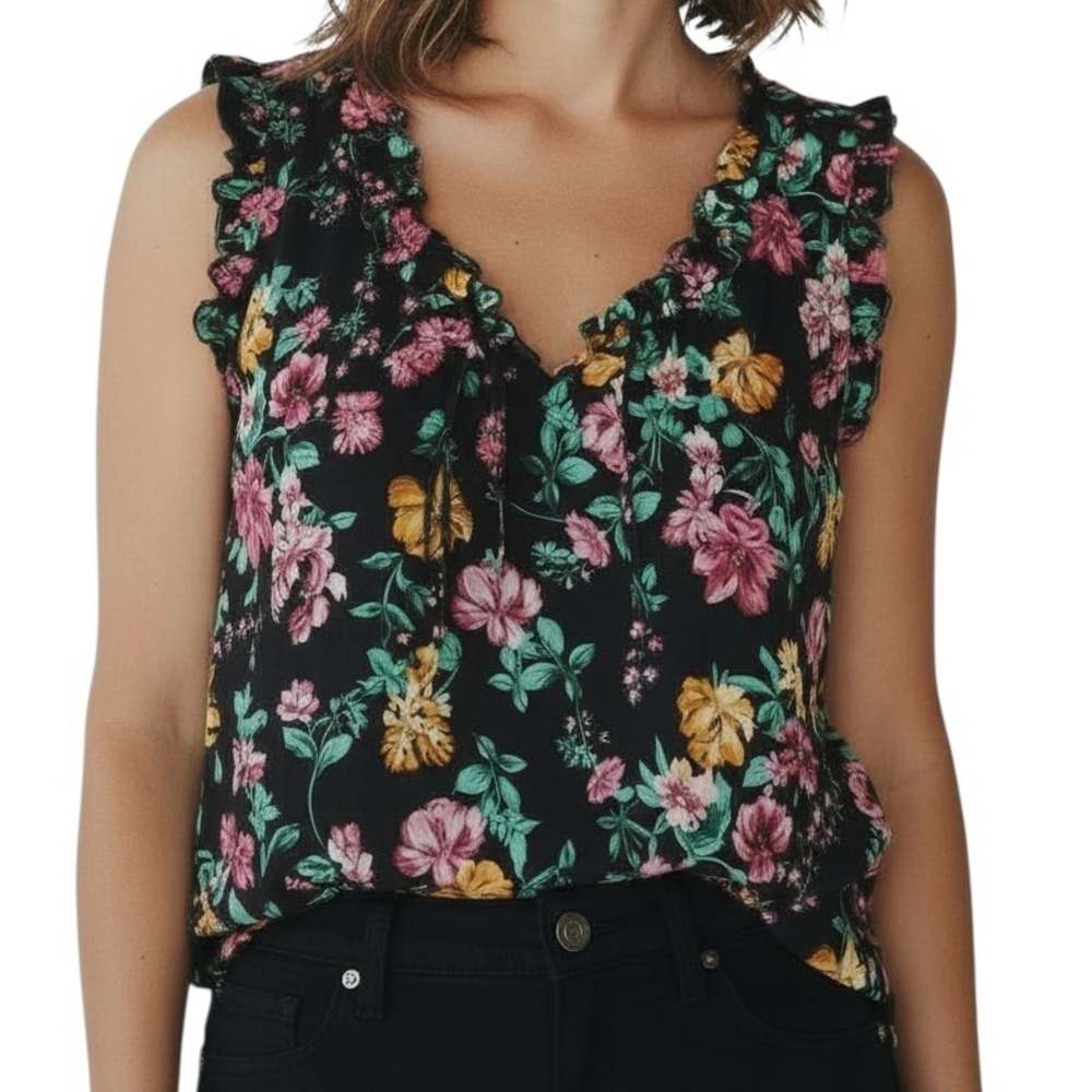 NWT WHBM Black Floral Print Sleeveless Ruffle Tie Front Blouse Size Medium